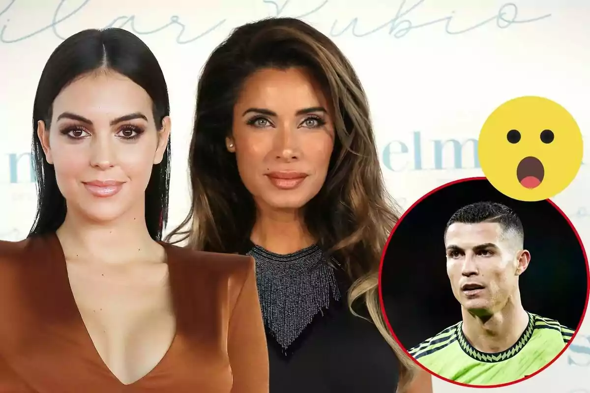 Georgina Rodríguez i Pilar Rubio posen per a una foto, mentre que a la cantonada inferior dreta hi ha una imatge circular de Cristiano Ronaldo amb una samarreta esportiva i un emoji de cara sorpresa.