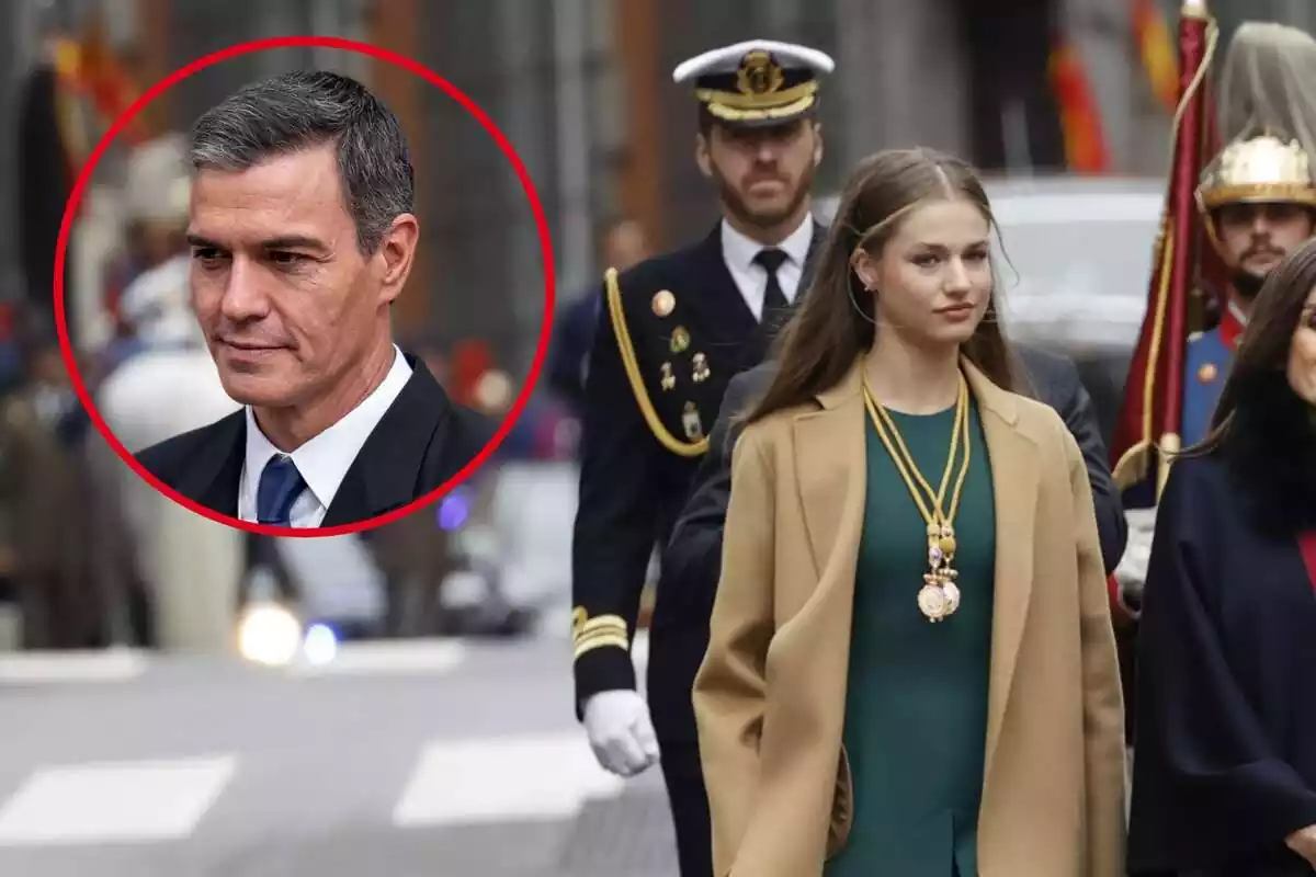 Muntatge de Leonor en una desfilada amb Pedro Sánchez de fons