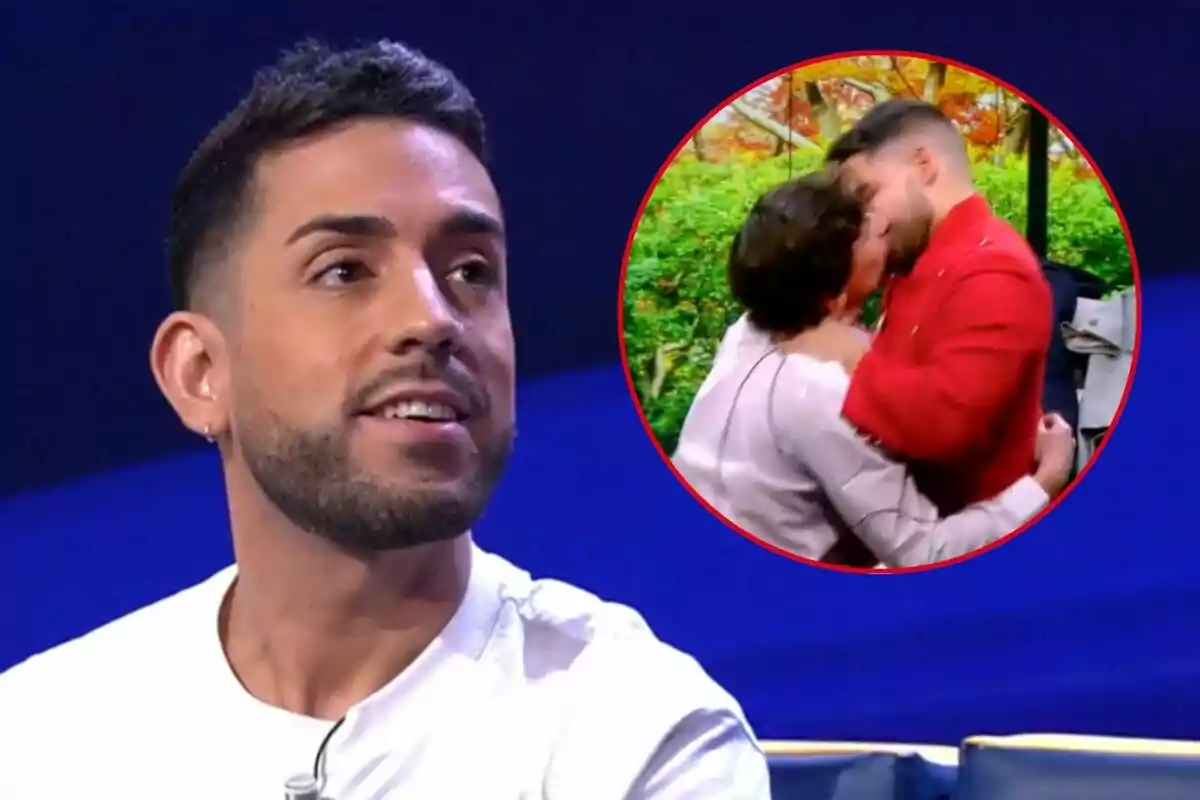 Núa con barba y camiseta blanca está en un estudio de televisión, mientras en un recuadro se muestra a Óscar Landa y Miguel Frigenti besándose en un entorno al aire libre.