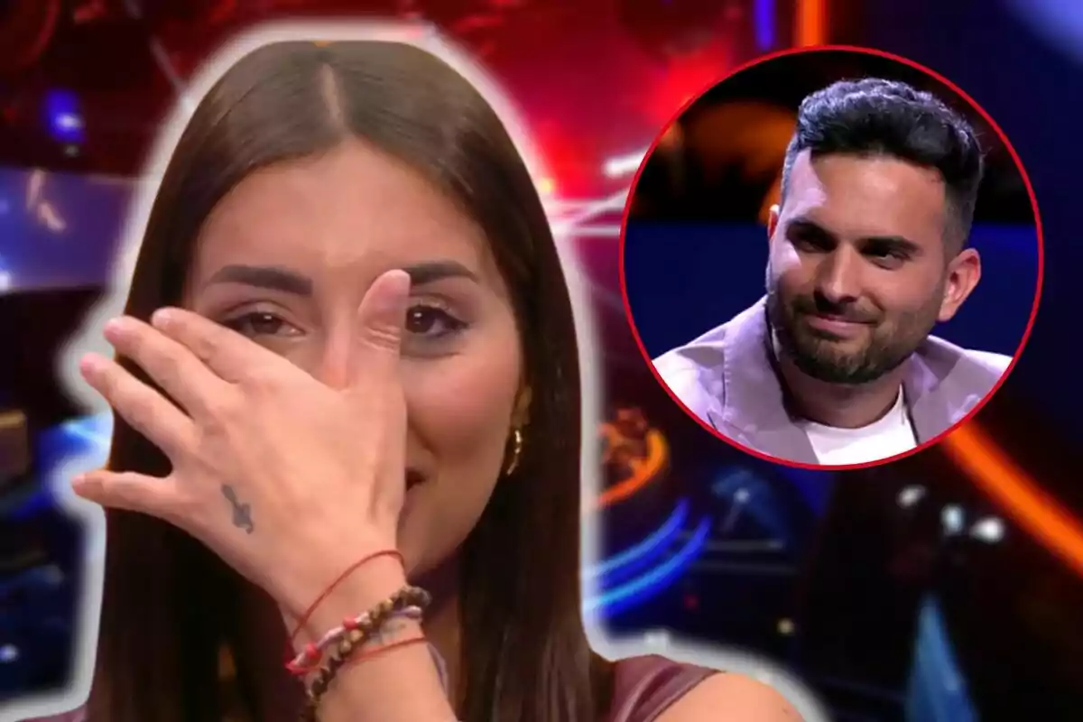 Marieta covers her face with her hand while Suso Álvarez smiles in a circular inset against a colorful background.