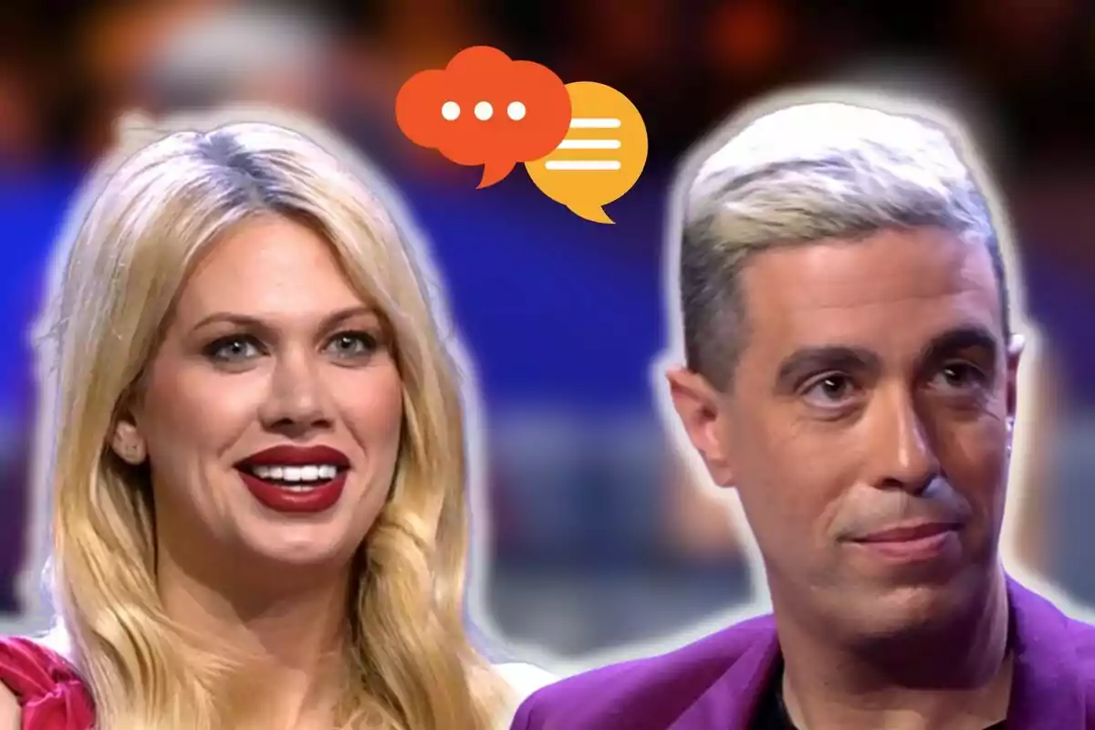 Vanessa and Javi smiling with speech bubbles over a blurred background.