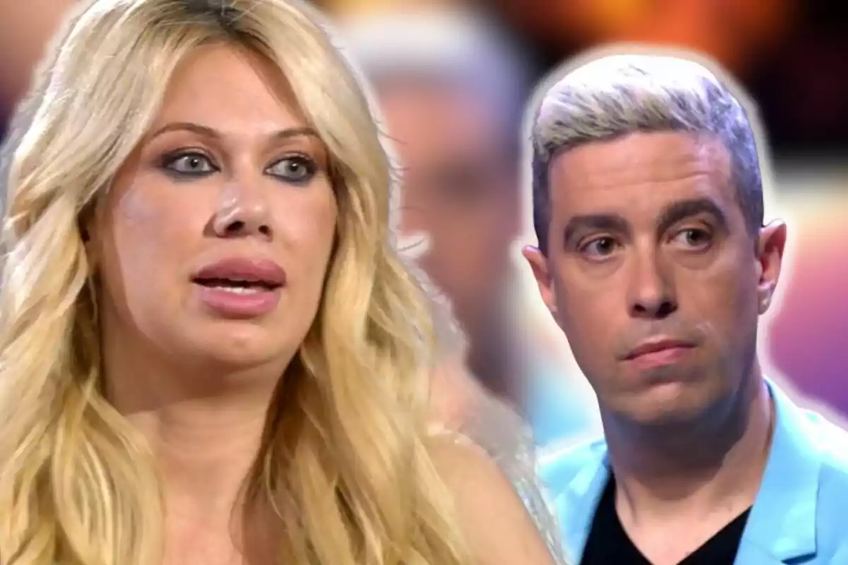 Vanessa and Javi on a television show with serious expressions.