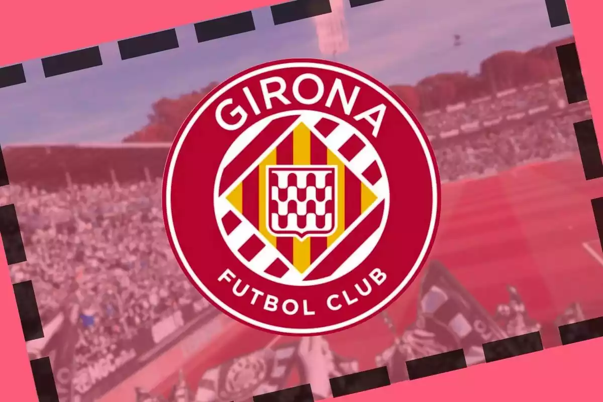 Muntatge de l'estadi de Montilivi i l'escut del Girona FC