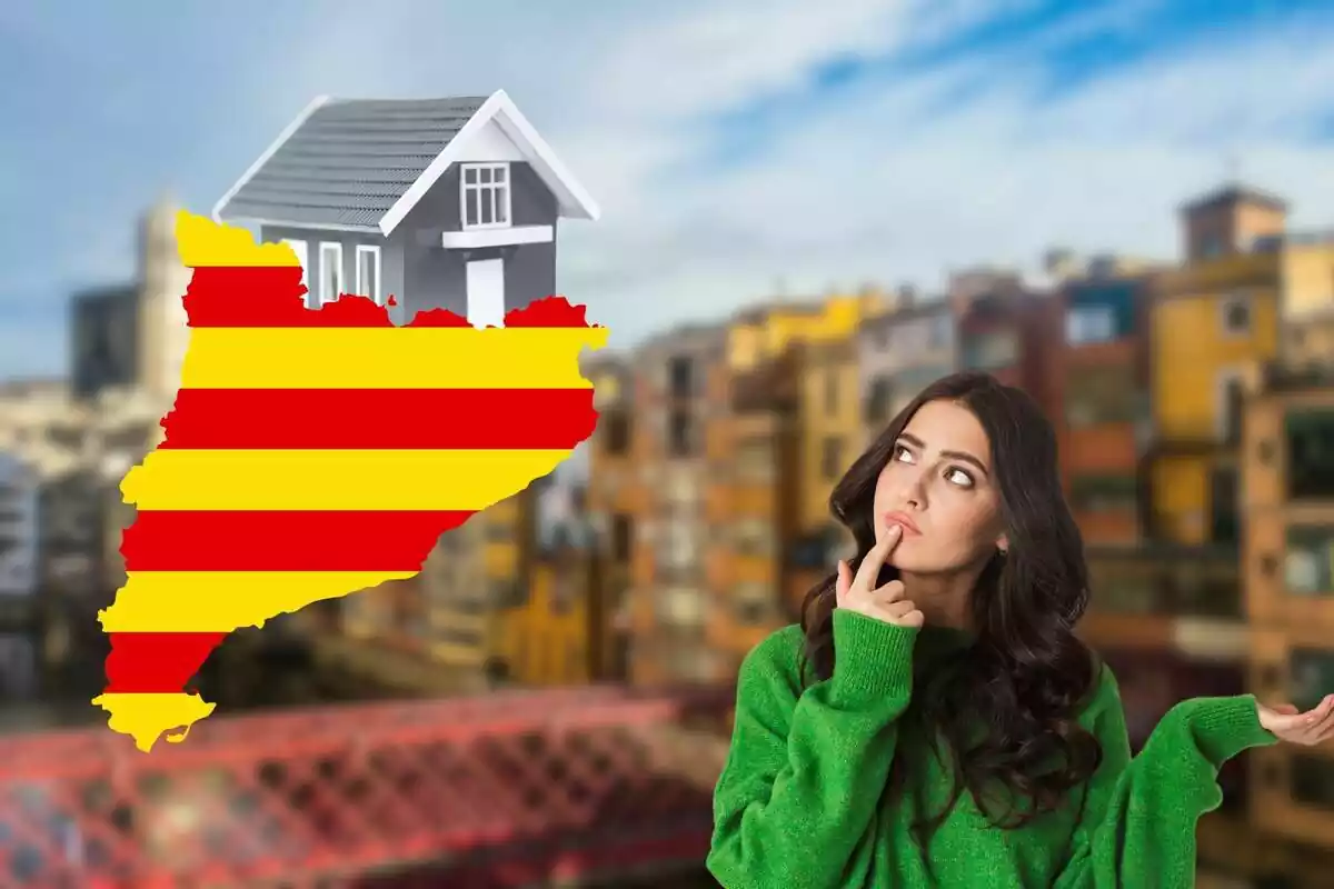 Muntatge de Girona de fons desenfocada amb noia pensativa per viure a Catalunya