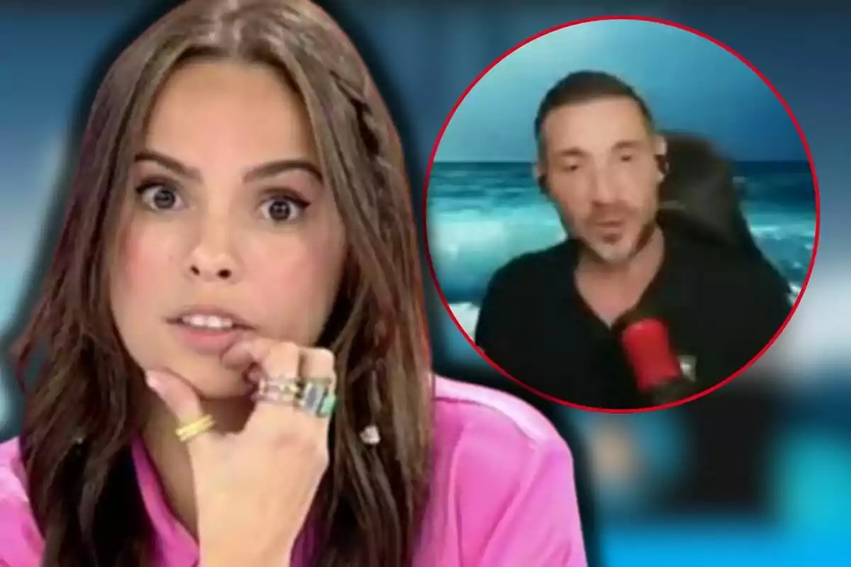 Gloria Camila with a pensive expression and Antonio David Flores in an inset with a sea background.