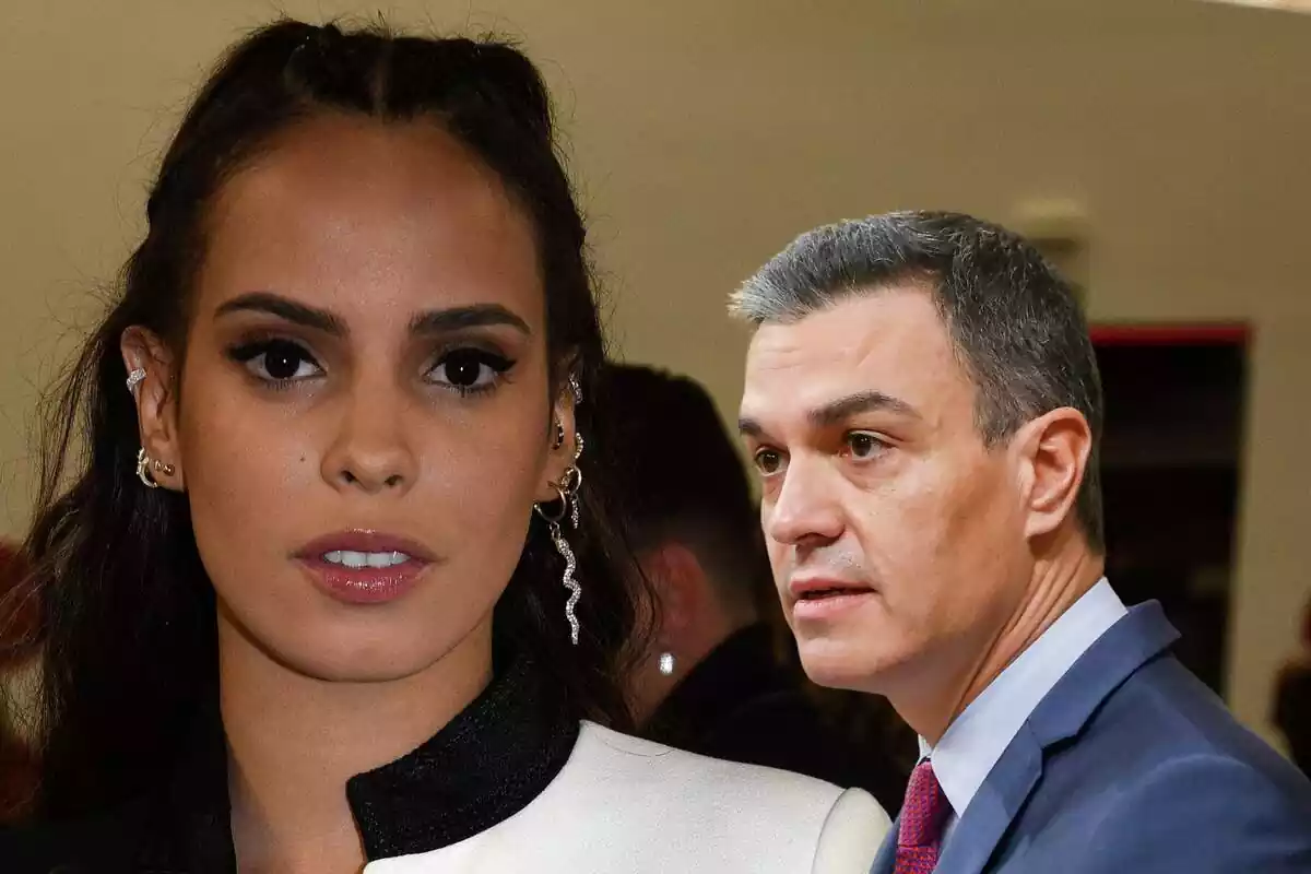 Muntatge d'un primer pla de Gloria Camila Ortega seriosa i Pedro Sánchez de perfil