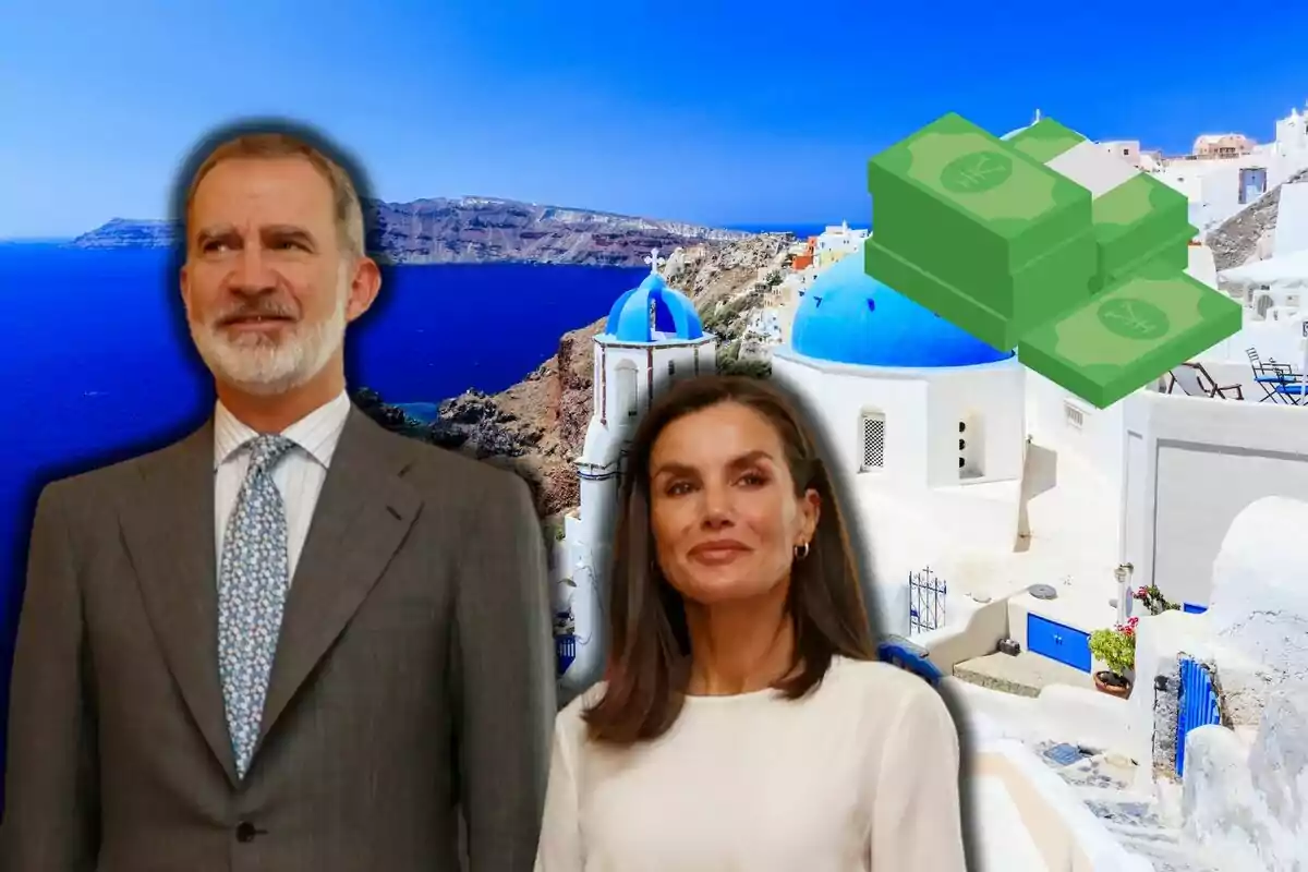 Felip VI i Letizia posant davant un paisatge costaner amb edificis de cúpules blaves i un gràfic de diners.