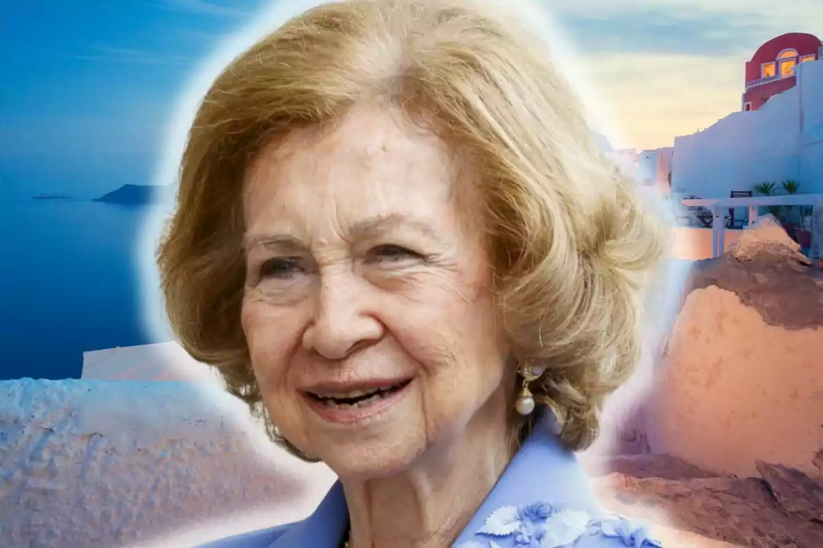 The image shows Queen Sofía with blonde hair and a coastal landscape background at sunset.