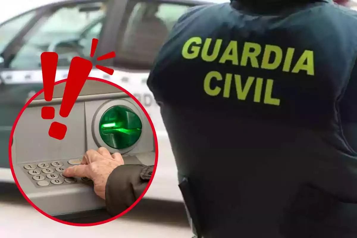 Un agent de la Guàrdia Civil amb un cercle vermell amb un signe d'exclamació i una mà usant un caixer automàtic.