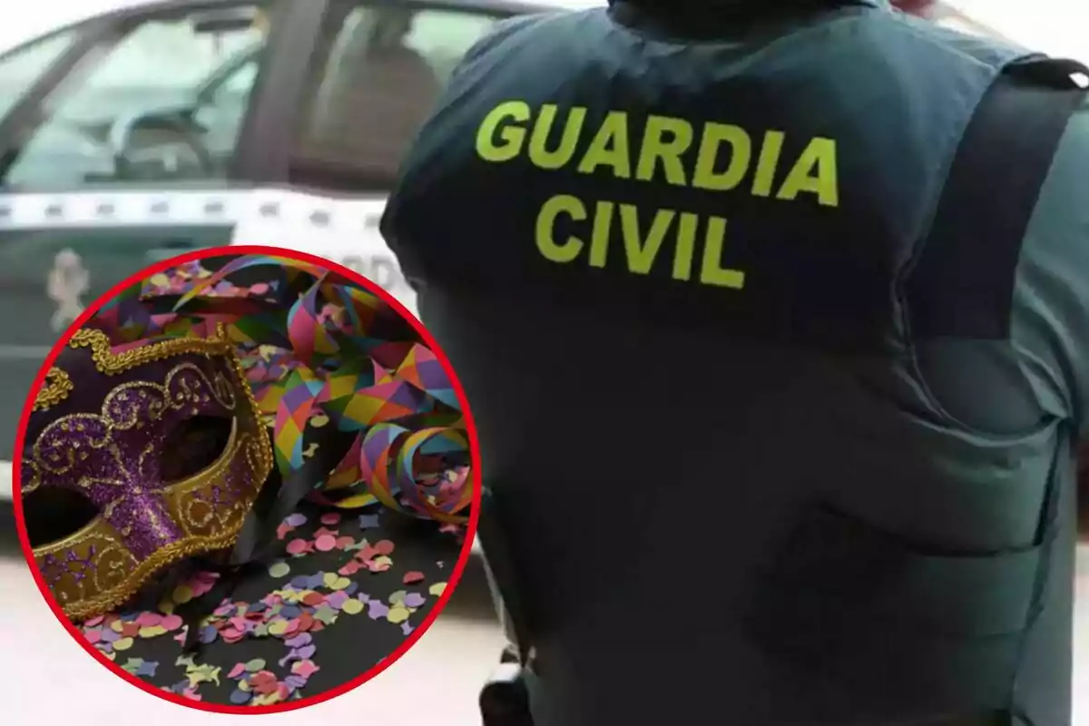 Un agente de la Guardia Civil de espaldas con un coche patrulla al fondo y un círculo que muestra una máscara de carnaval con confeti y serpentinas.