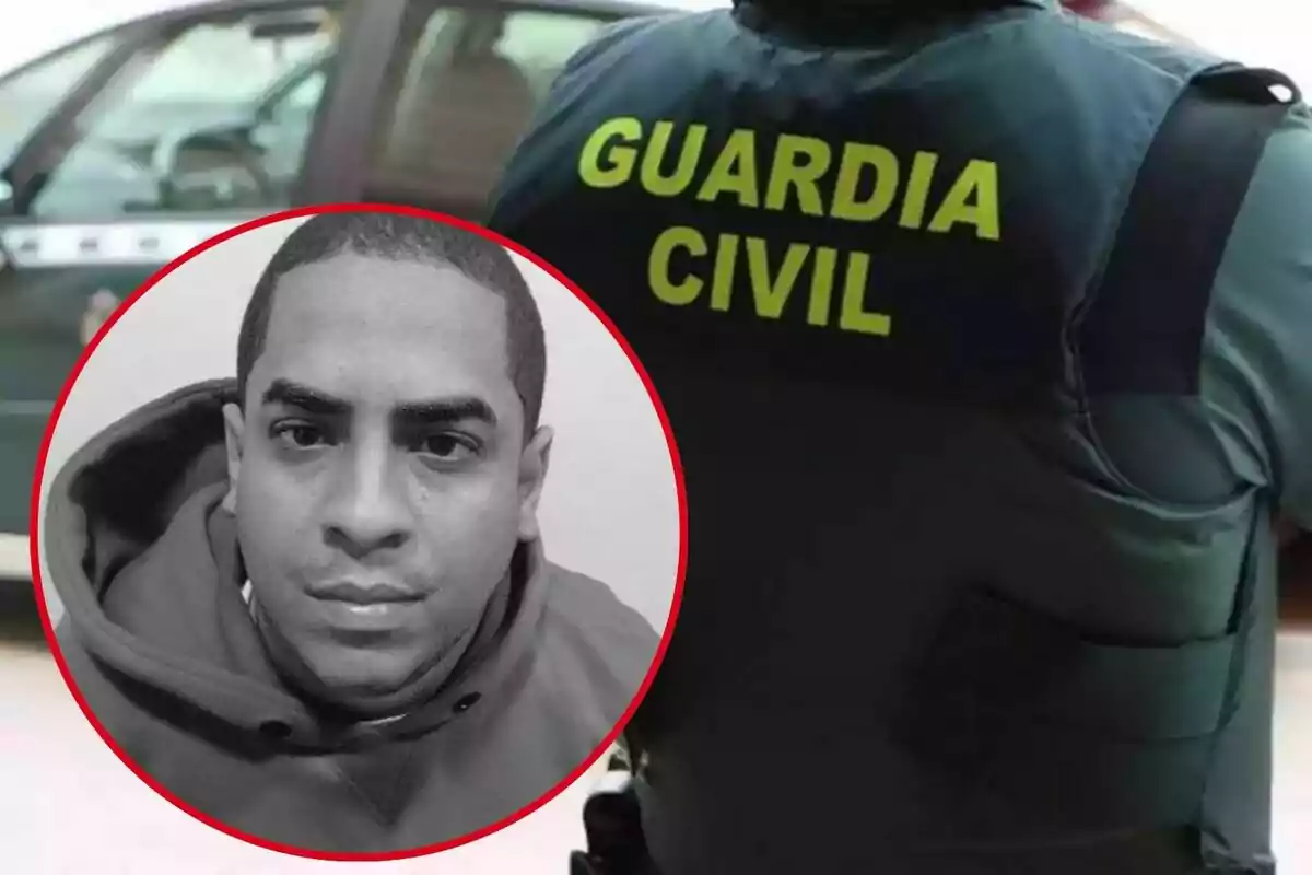 Un agent de la Guàrdia Civil d?esquena i un retrat en blanc i negre d?un home en un cercle vermell.