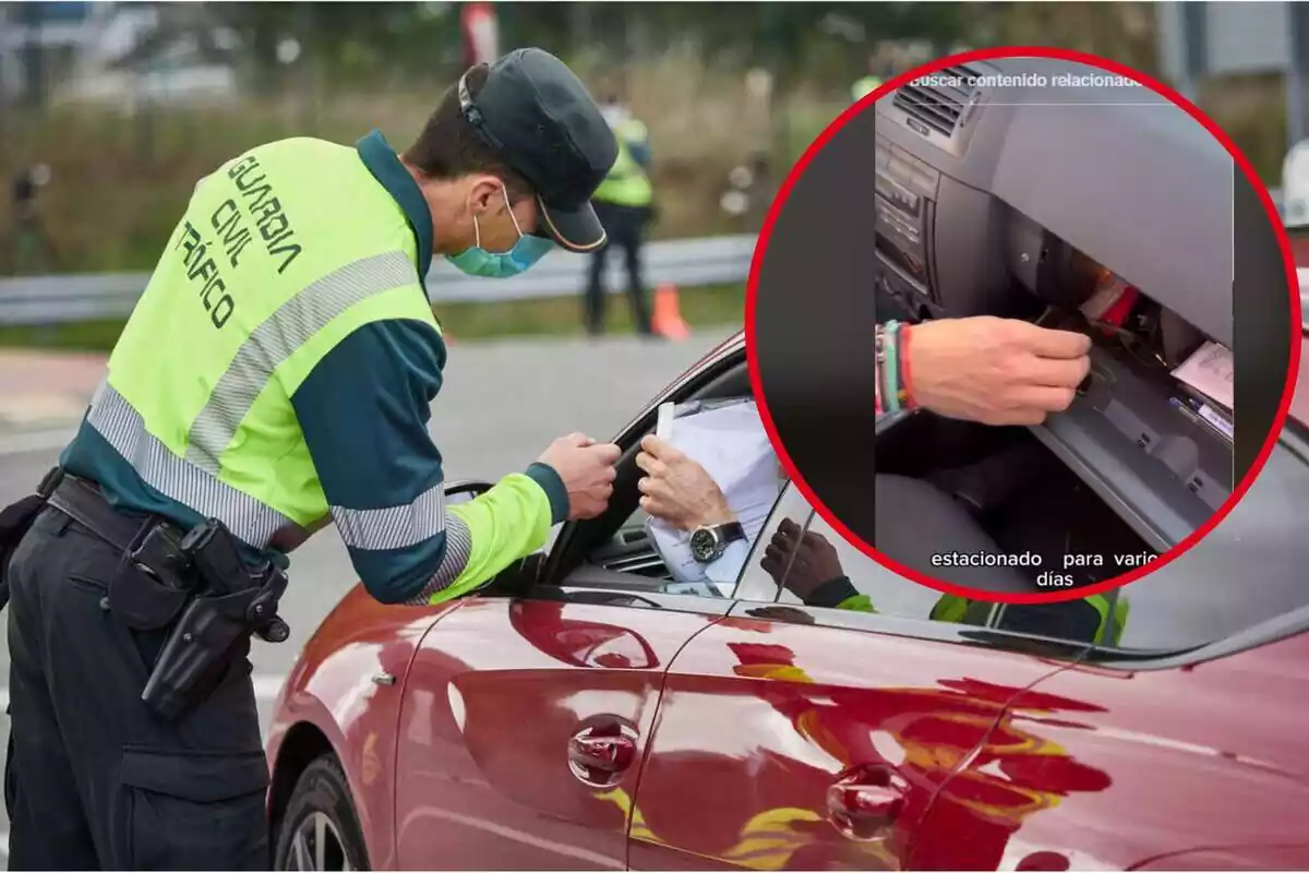 Un guàrdia civil parla amb el conductor d?un vehicle, i al cercle, una mà en una guantera del cotxe