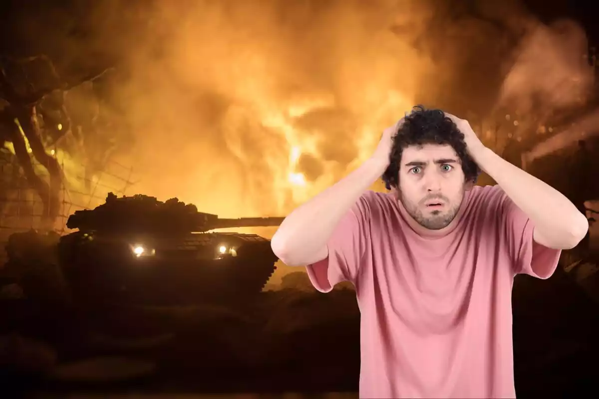 Muntatge d´un home espantat i un tanc de guerra