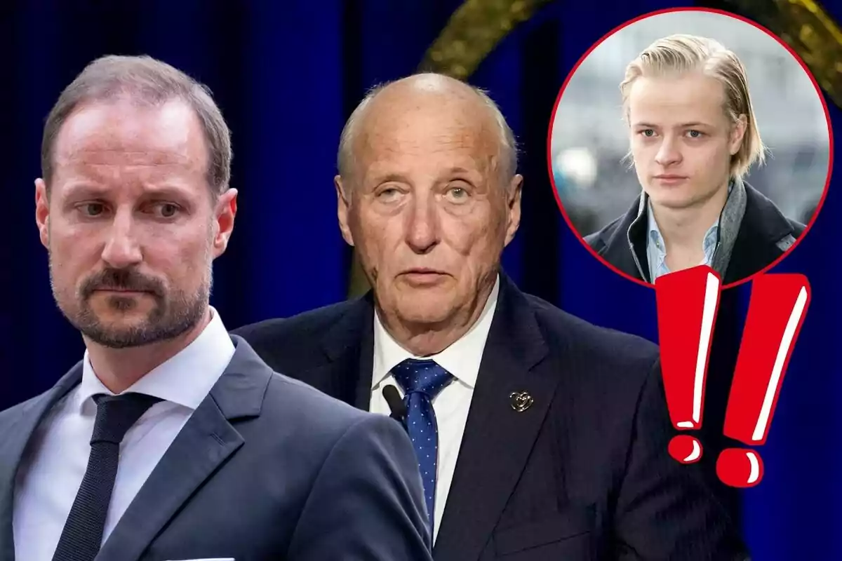 Haakon de Noruega, el rei Harald i Marius Borg, un en un cercle vermell amb signes d'exclamació.