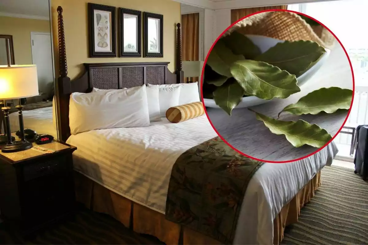 Una habitació d'hotel amb un llit gran i ben arreglat, amb un cercle ressaltant fulles de llorer sobre una taula. Una habitació d'hotel amb un llit gran i ben arreglat, amb un cercle ressaltant fulles de llorer sobre una taula.
