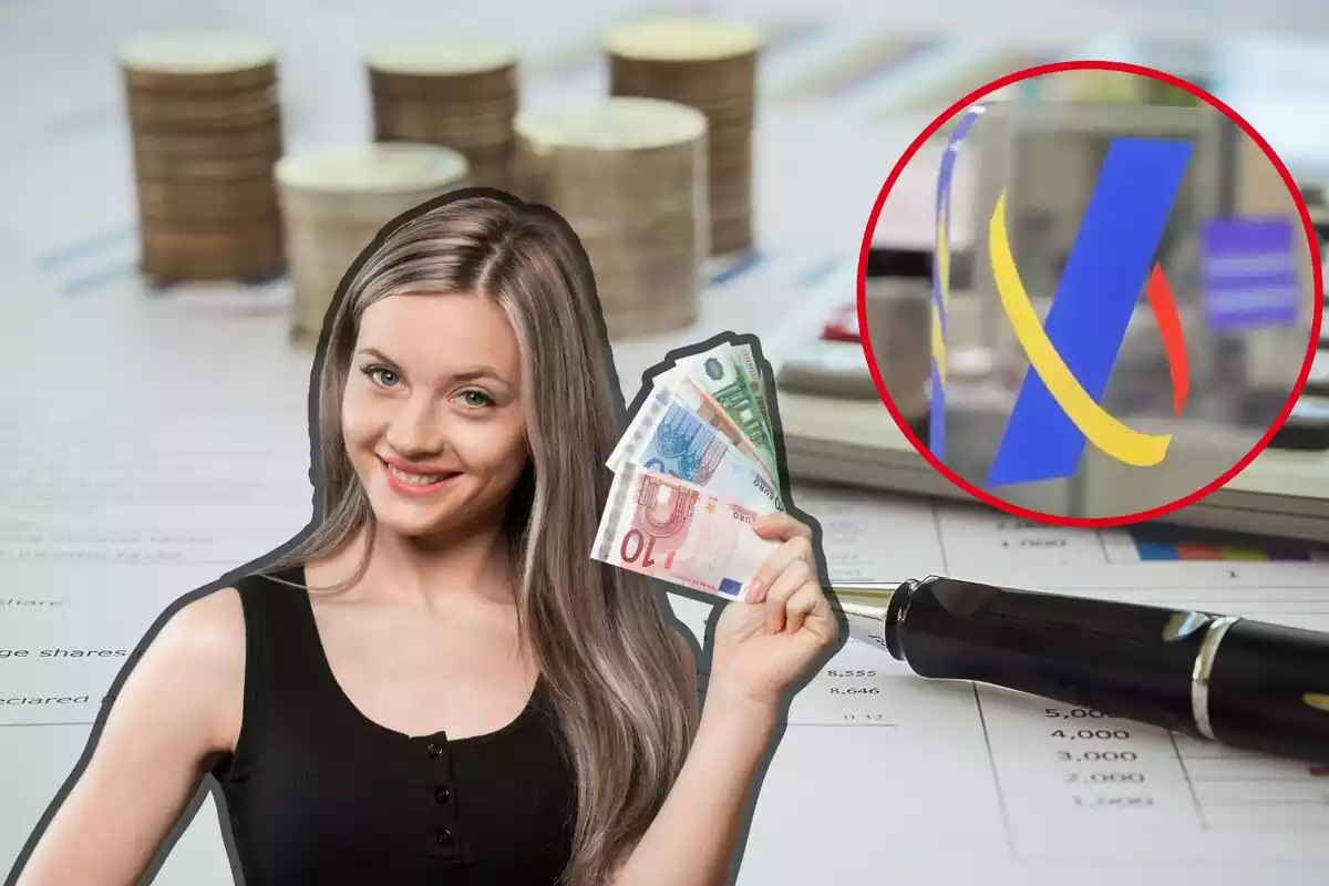 Uns documents, una calculadora i unes monedes de fons, amb una noia subjectant bitllets d'euros, i al cercle el logotip d'Hisenda