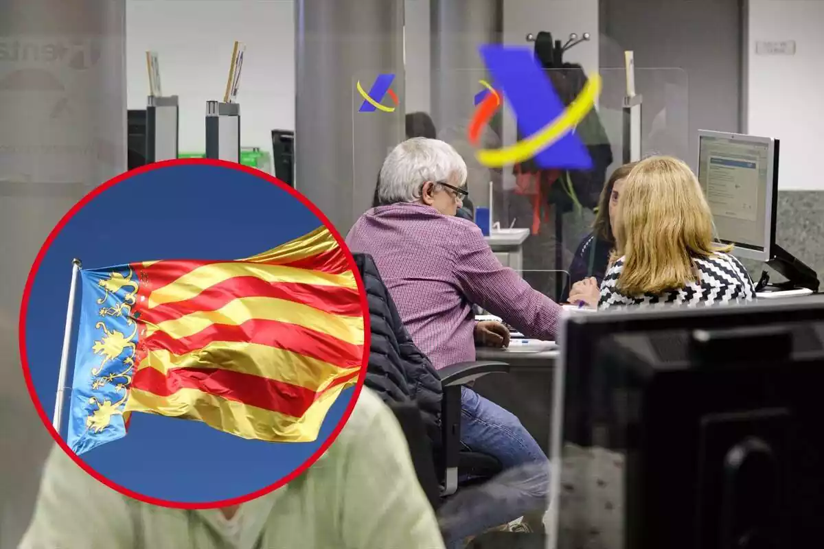 Persones en una oficina d'Hisenda, i al cercle, la bandera de la Comunitat de València