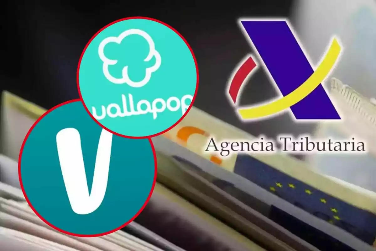 Logos de una aplicación de compraventa y de la Agencia Tributaria sobre un fondo de billetes.