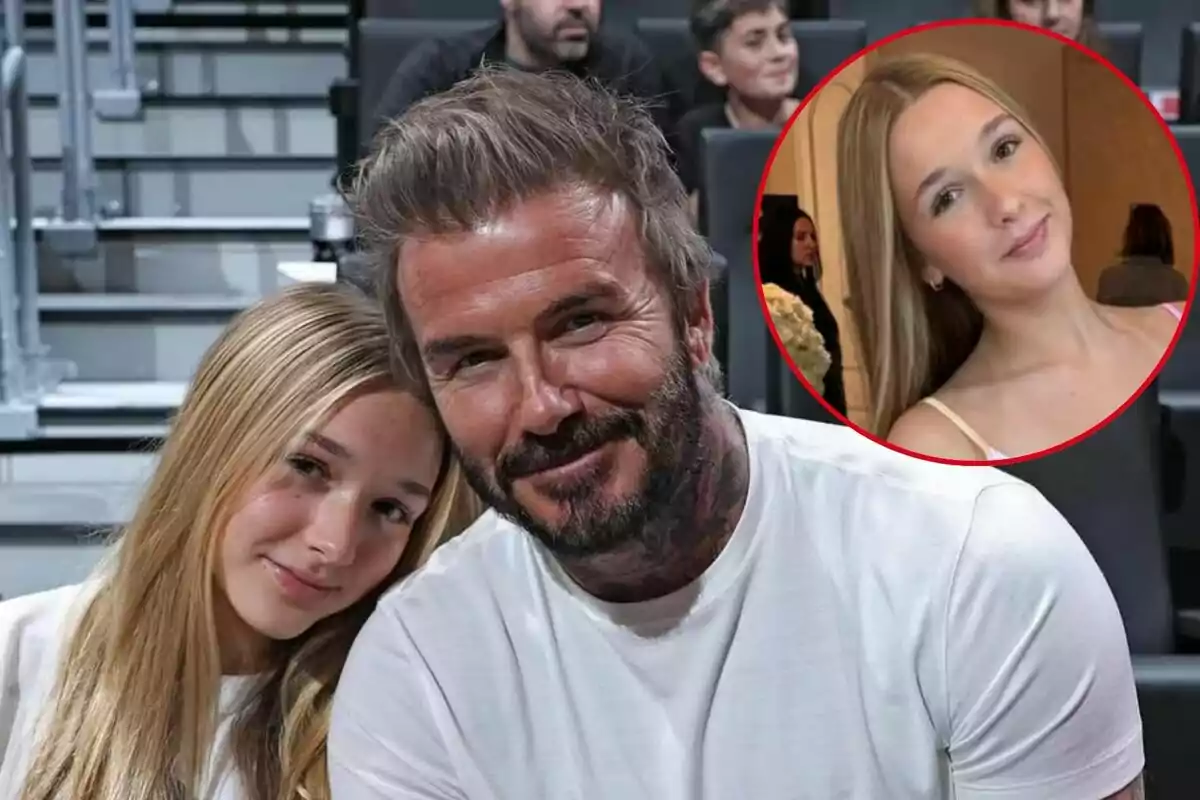 David Beckham with a beard and light brown hair smiles next to blonde Harper Beckham, with an inset showing the same girl in another pose.