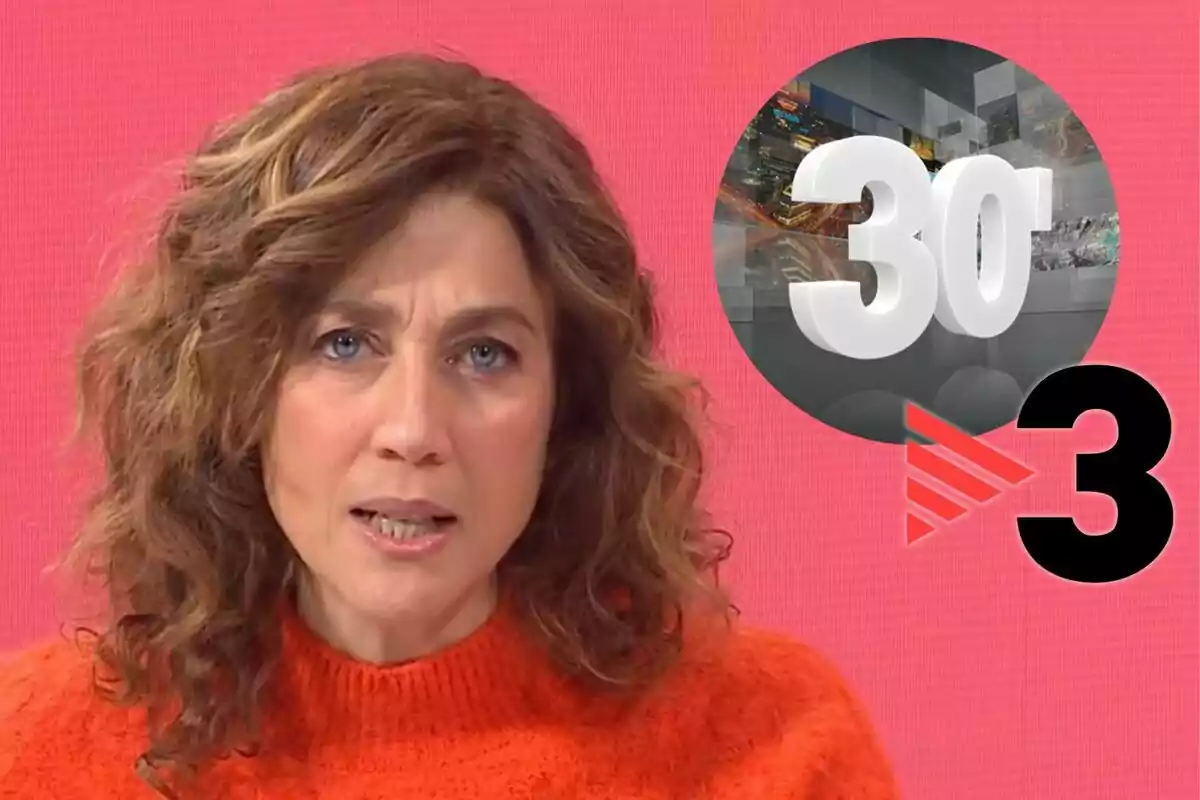 Helena García Meleroo amb suèter taronja davant d'un fons rosa amb un gràfic que mostra el número 30 i el logotip d'un canal de televisió.