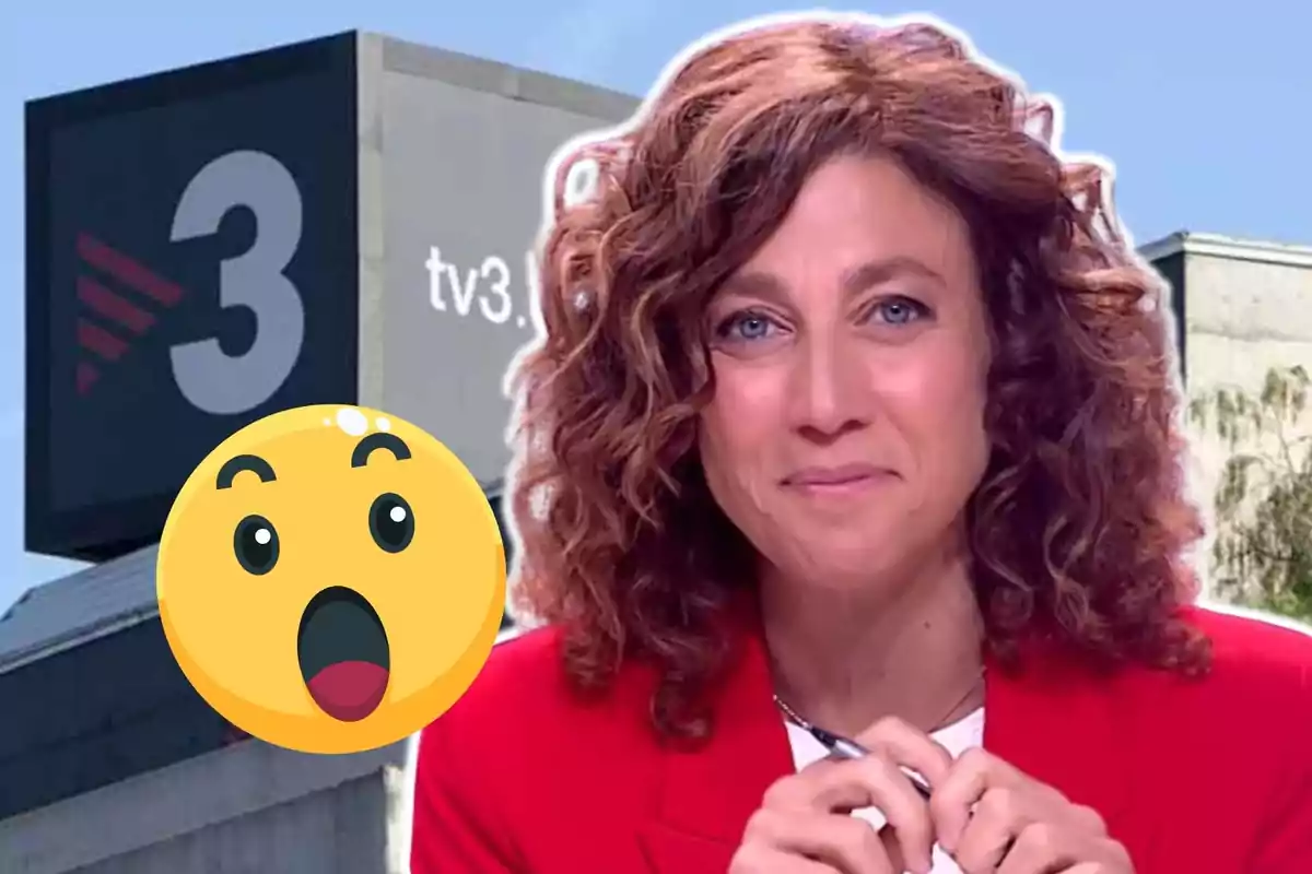 Helena García Meleroo somrient davant d'un edifici amb el logotip de TV3 i un emoji sorprès en primer pla.