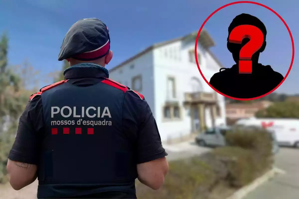 Muntatge de centre d'acolliment de menors de Raimat, Lleida, agent de Mossos d'Esquadra i cercle amb silueta de nen i interrogant vermell a sobre