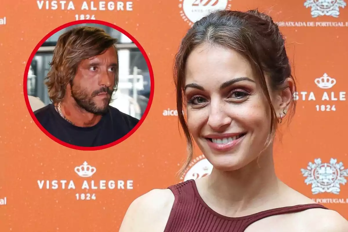 Hiba Abouk posa davant d'un fons taronja amb el logotip de Vista Alegre mentre Antonio Revilla apareix en un cercle vermell a la cantonada superior esquerra.