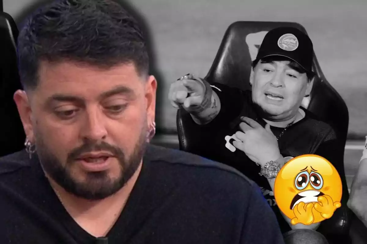 Diego Armando Maradona hijo con expresión seria en primer plano y una imagen en blanco y negro de Diego Armando Maradona señalando al fondo, acompañada de un emoji de cara asustada.