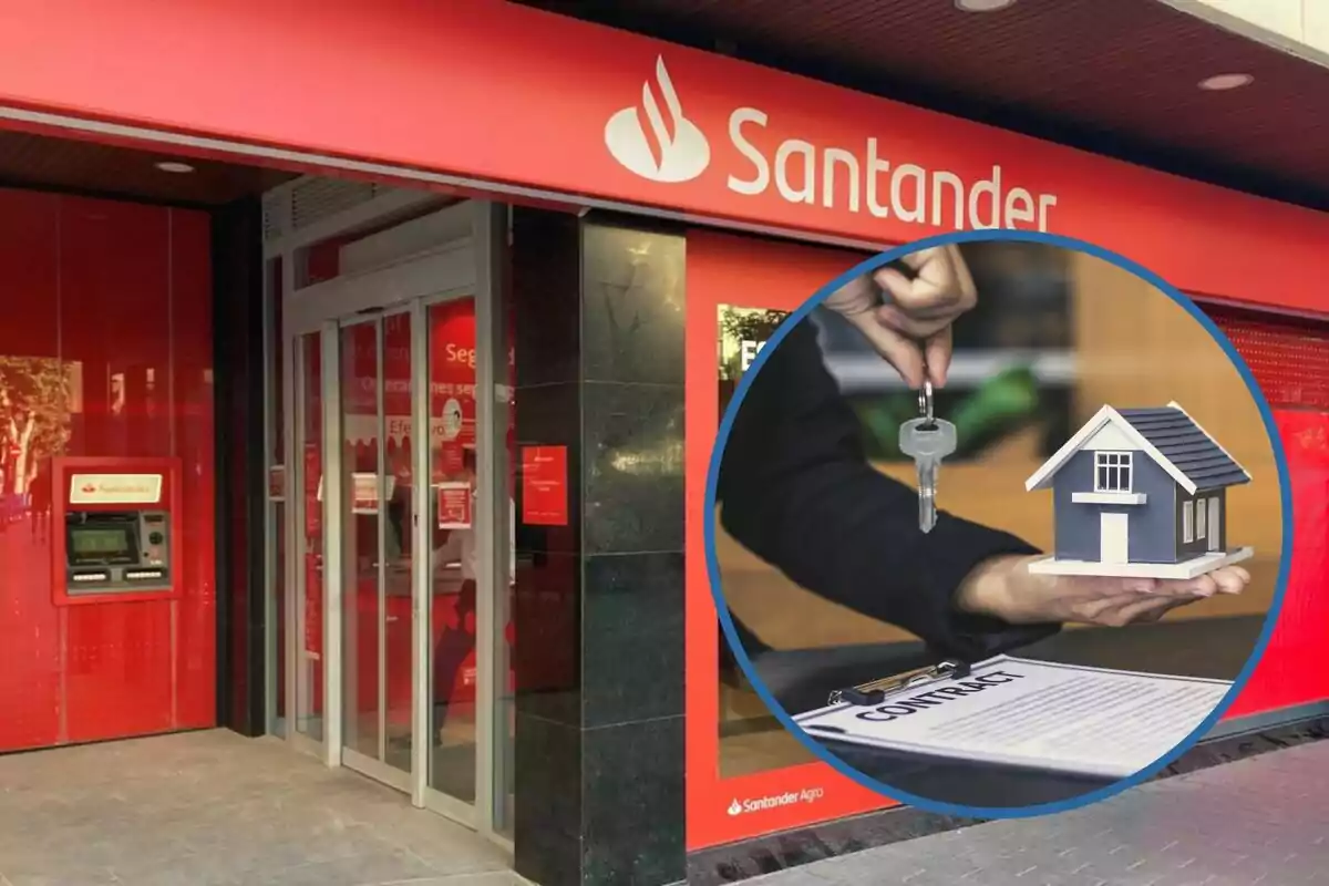 Sucursal del banc Santander amb un caixer automàtic i una imatge superposada d?una mà sostenint una clau i una casa en miniatura sobre un contracte.