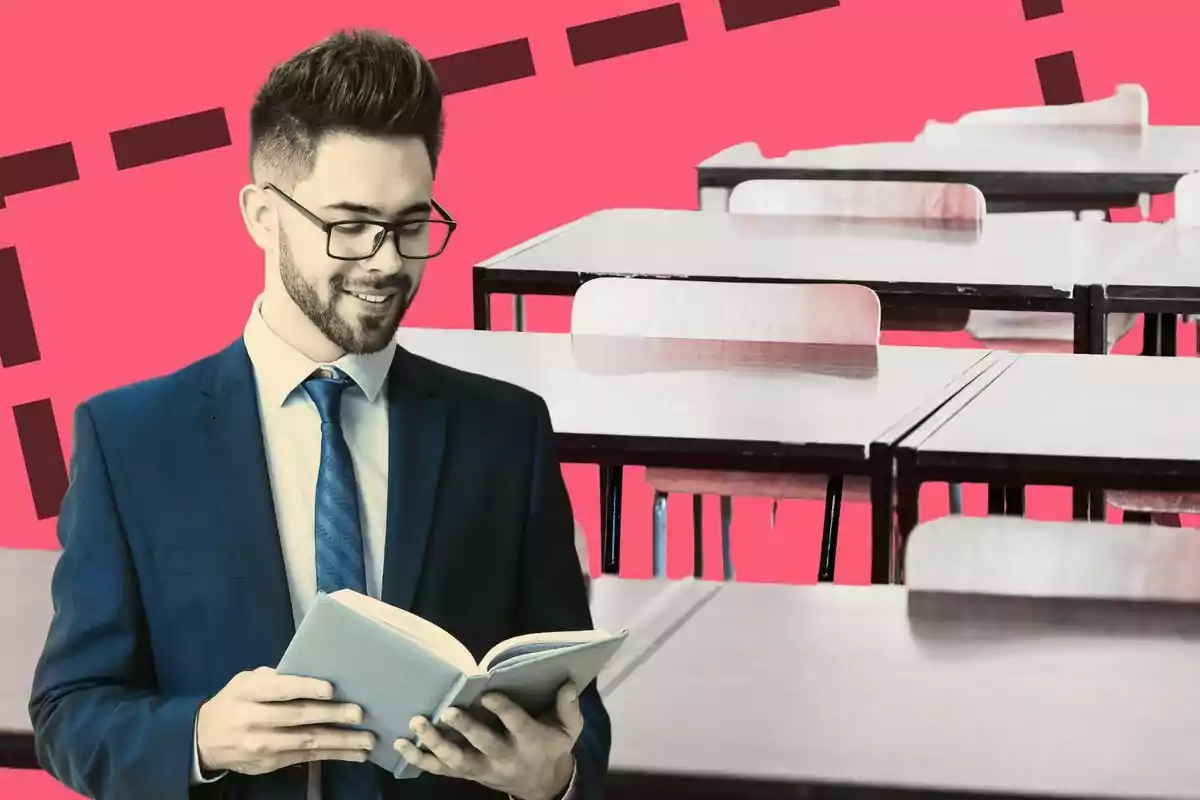 Un hombre con traje y gafas sonríe mientras lee un libro, con un fondo de escritorios vacíos y un diseño gráfico en tonos rosados.