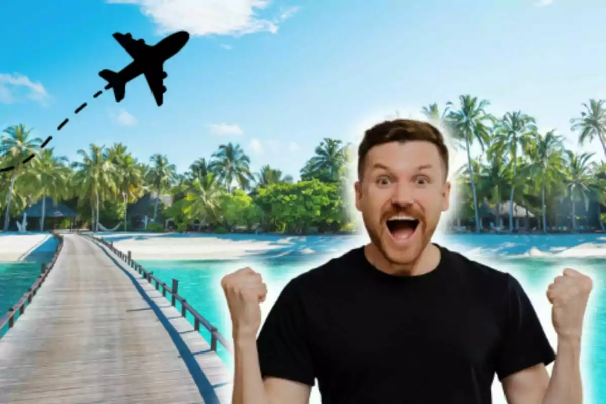 Excited man on a tropical beach with a plane flying in the sky. Excited man on a tropical beach with a plane flying in the sky.