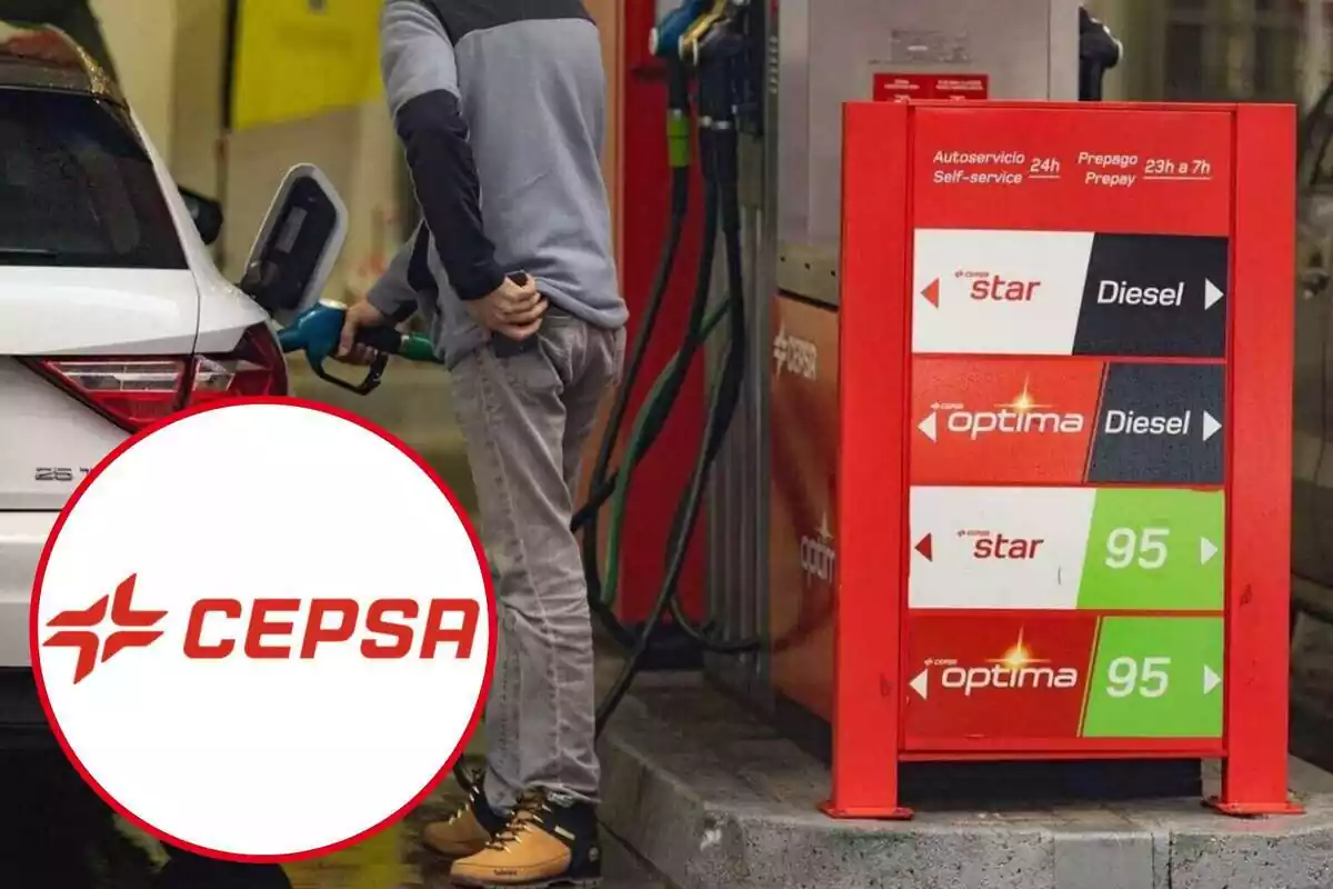 Muntatge amb un home omplint el dipòsit del cotxe en una benzinera Cepsa i un cercle amb el logotip de la mateixa empresa