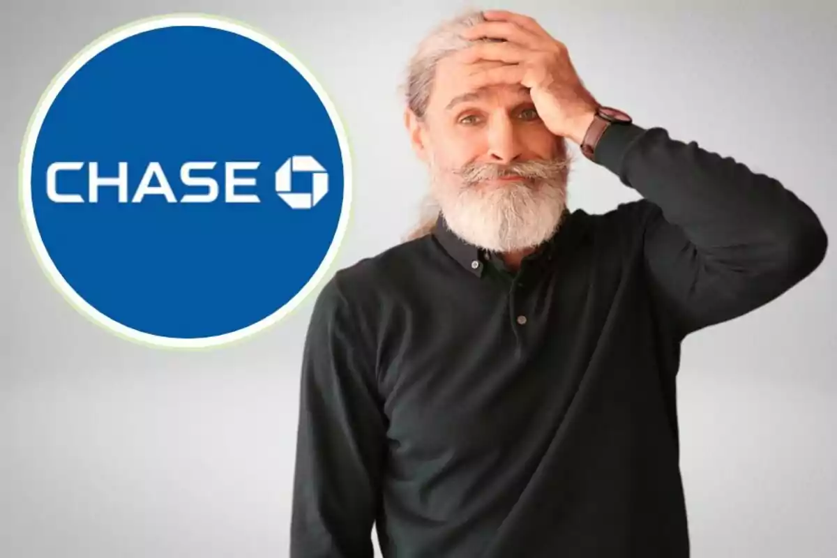 A man with a gray beard and hair touches his head with a thoughtful expression next to the Chase logo.