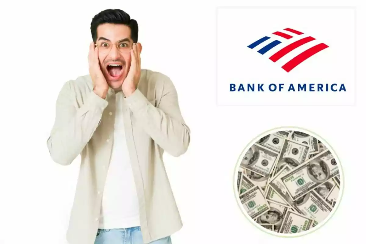 Un home sorprès al costat del logotip de Bank of America i una imatge de bitllets de dòlar.