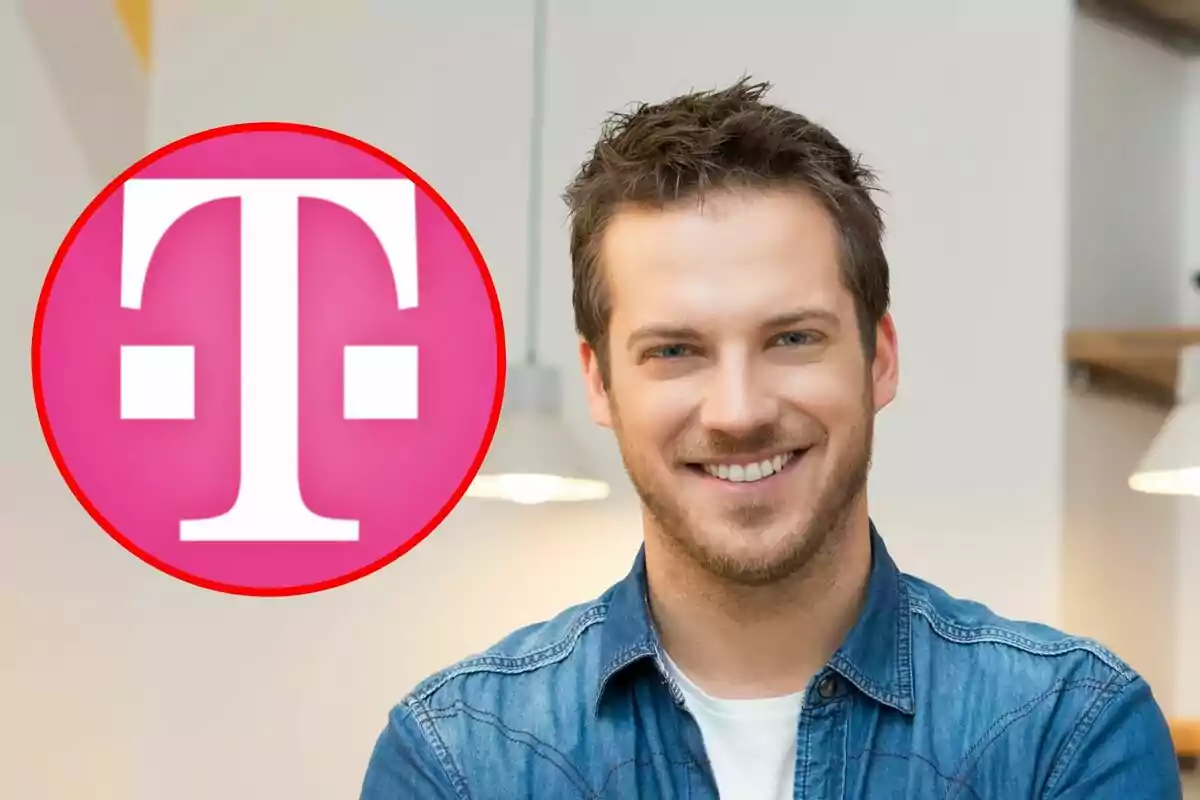 A smiling man in a denim jersey next to a pink circular logo with a white T. A smiling man in a denim jersey next to a pink circular logo with a white T.