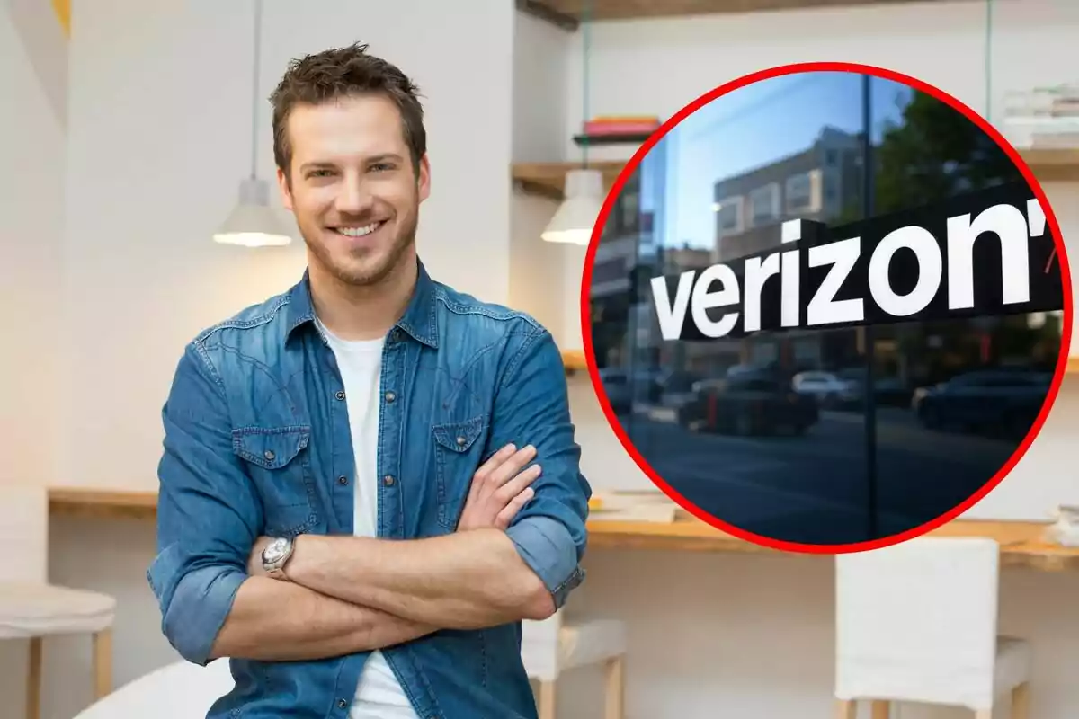 A smiling man in a denim jersey poses with crossed arms in a modern indoor setting, while a red circle highlights the Verizon logo on a window. A smiling man in a denim jersey poses with crossed arms in a modern indoor setting, while a red circle highlights the Verizon logo on a window.