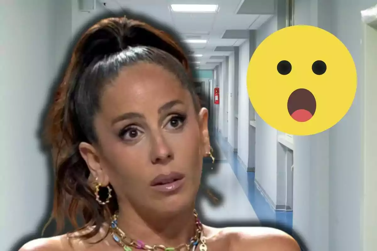 Anabel Pantoja con expresión sorprendida junto a un emoji de asombro en un pasillo.