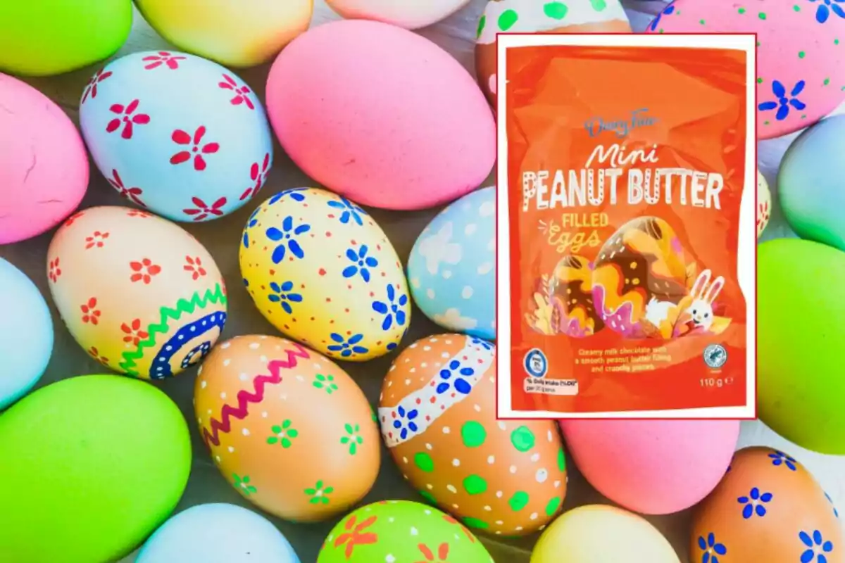 Brightly colored Easter eggs and a pack of mini eggs filled with peanut butter cream. Brightly colored Easter eggs and a pack of mini eggs filled with peanut butter cream.