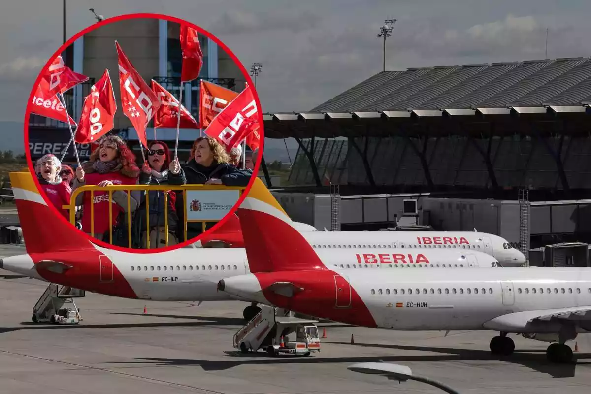 Mnaifestació de CCOO i avions d'Iberia a l'aeroport de Madrid-Barajas