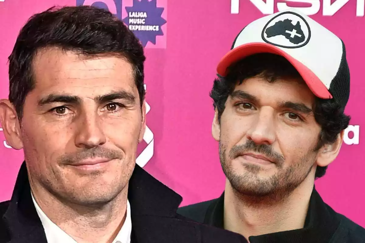 Muntatge en primer pla d'Iker Casillas somrient en abric negre i Nacho Taboada somrient amb una gorra blanca, negra i vermella