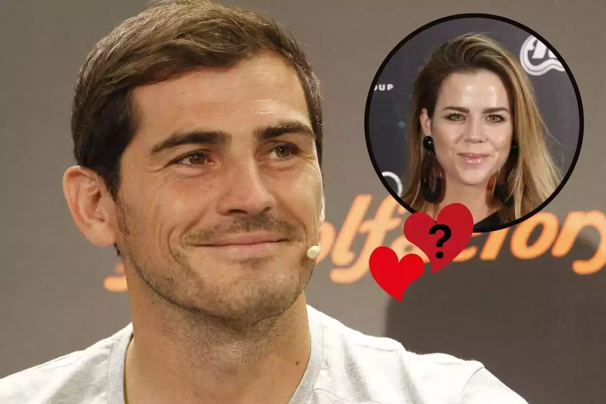 Muntatge d'Iker Casillas somrient mirant una retallada d'Amelia Bono amb cors i un interrogant entre tots dos