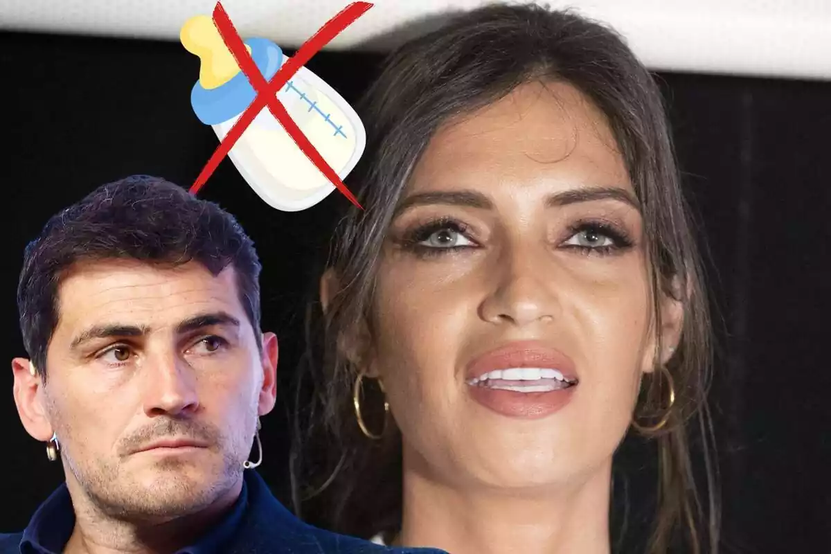 Muntatge d'Iker Casillas seriós mirant de banda amb un micròfon a la galta, Sara Carbonero amb rostre neutre, els cabells recollits i unes arracades de cèrcol i un biberó amb una creu vermella a sobre