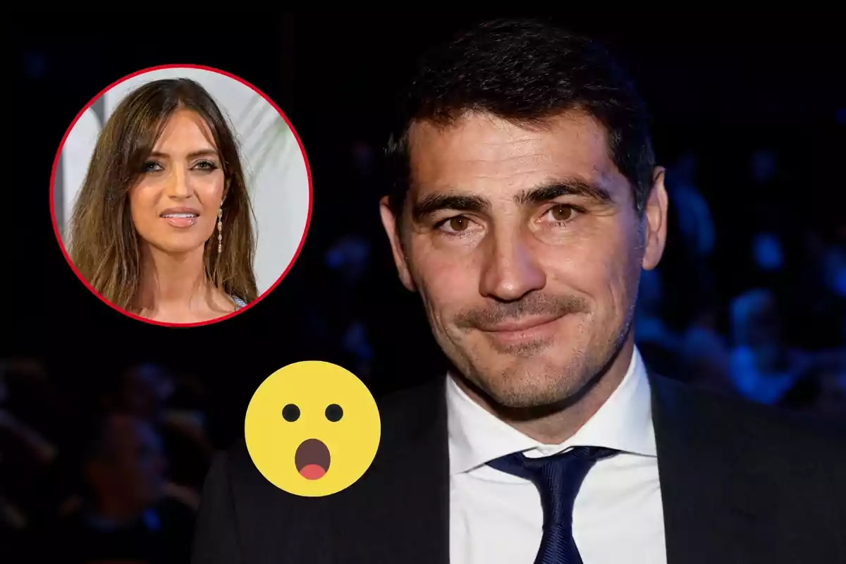 Montage with Iker Casillas, shyly smiling at the camera; Sara Carbonero, smiling inside a circle, and a surprised emoji at the bottom.