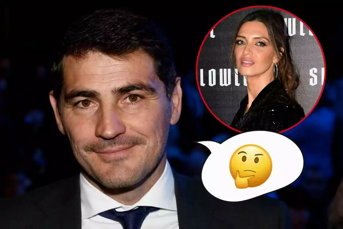 Íker Casillas somrient amb un globus de pensament que conté un emoji pensatiu i una imatge de Sara Carbonero al fons.