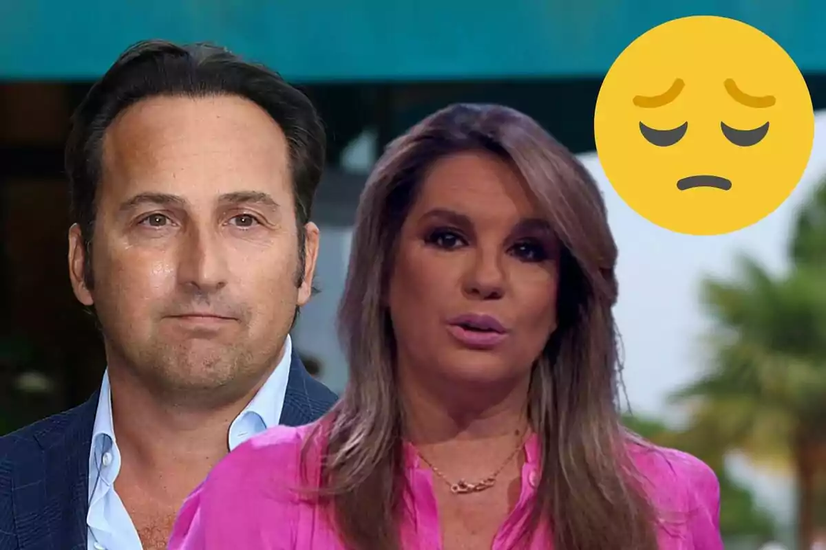 Iker Jiménez i Carmen Porter amb expressions serioses i un emoji de cara trist a la cantonada superior dreta.