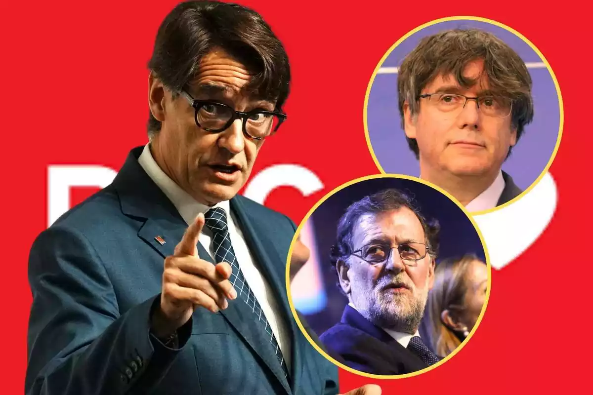 Muntatge de Salvador Illa, amb Puigdemont i Rajoy