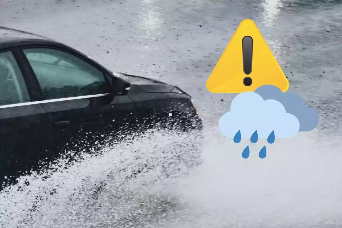 Muntatge d´una imatge d´un cotxe circulant plovent al costat d´emojis indicant alerta per pluges