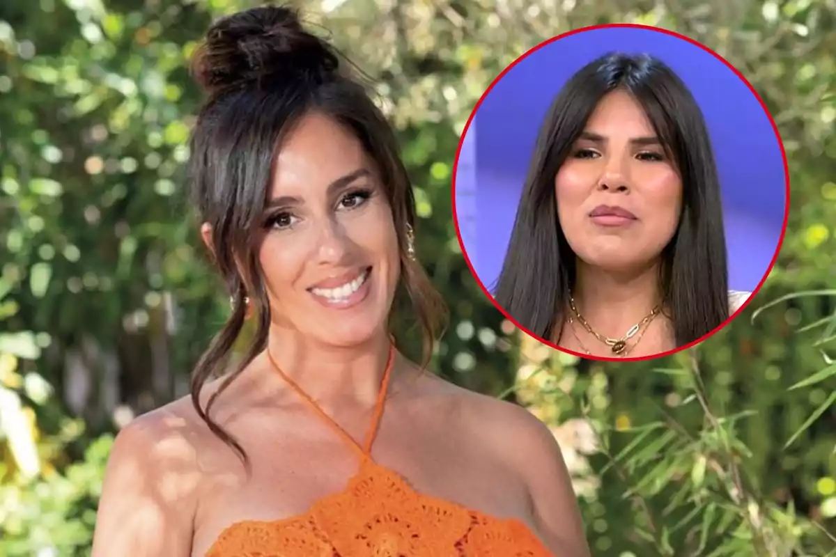 Anabel Pantoja sonriente con un vestido naranja posando al aire libre, con un recuadro circular que muestra a Isa Pantoja con cabello largo y oscuro.