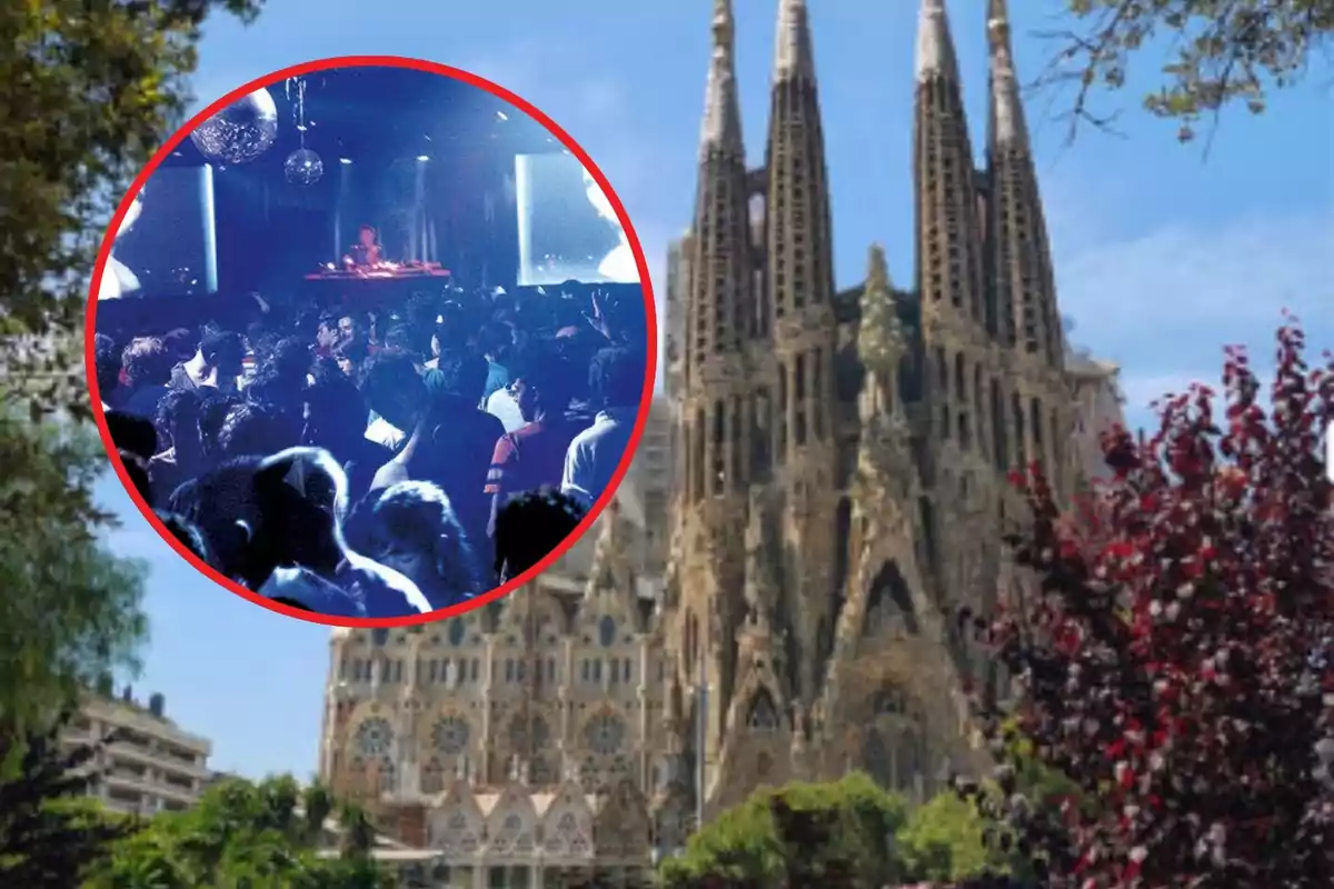 Muntatge imatge de barcelona de fons amb foto cercle d'un interior d'una discoteca