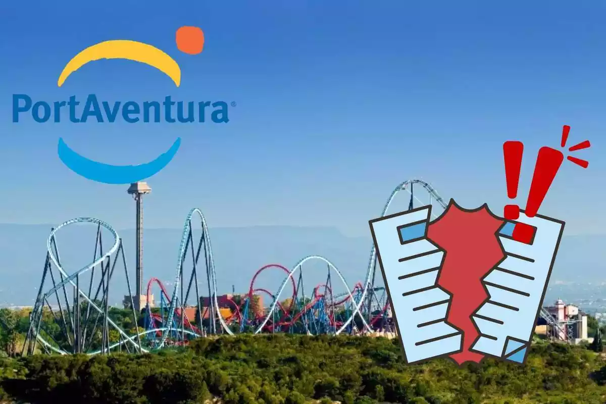 Muntatge amb una imatge general de PortAventura, el logotip del parc, un paper trencat i unes exclamacions